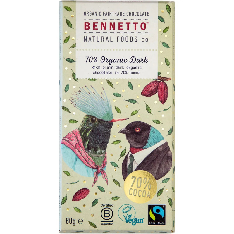 70% Organic Dark Fairtrade Chocolate 80g by BENNETTO