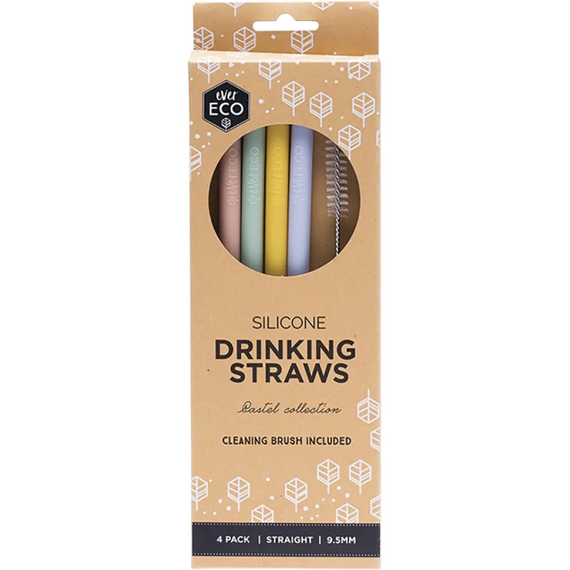 Silicone Drinking Straws Straight Pastel (4 Pack) + Cleaning Brush by EVER ECO