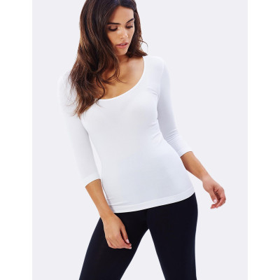 3/4 Sleeve Scoop Top - White / L by BOODY